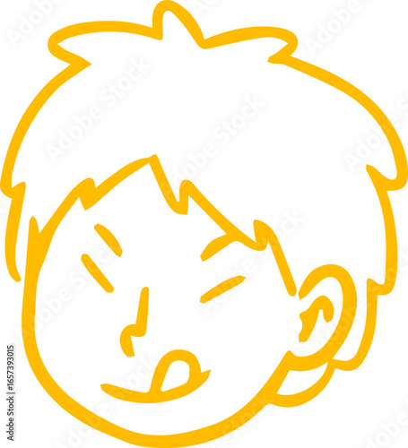 A simple yellow line drawing depicts a young person with closed eyes and tongue sticking out.