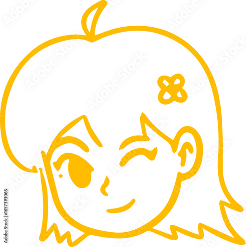 Cartoon illustration of a winking girl's face with short hair and a flower hair clip, outlined in yellow.