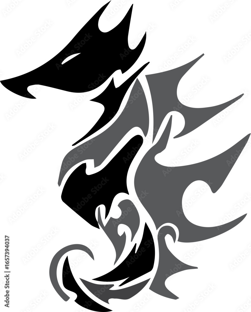 Obraz premium Stylized seahorse illustration in black and gray, featuring a unique design with sharp, abstract shapes on a white background.