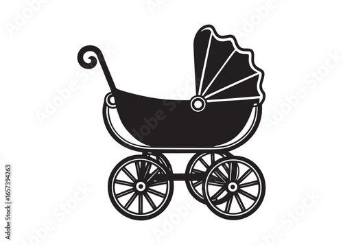 Classic Baby Carriage Silhouette Vector Illustration with Large Wheels.