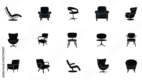 Black silhouette vector icons of modern chairs and furniture collection
