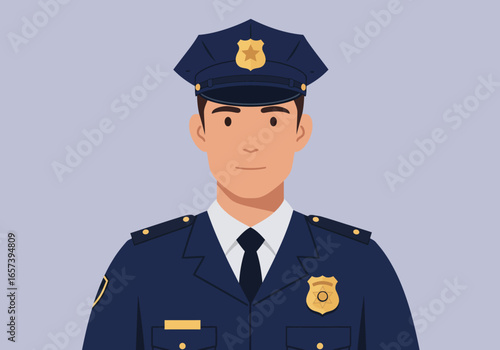 Professional illustration of a dedicated male police officer in a dark blue uniform, representing law enforcement and public safety duties.