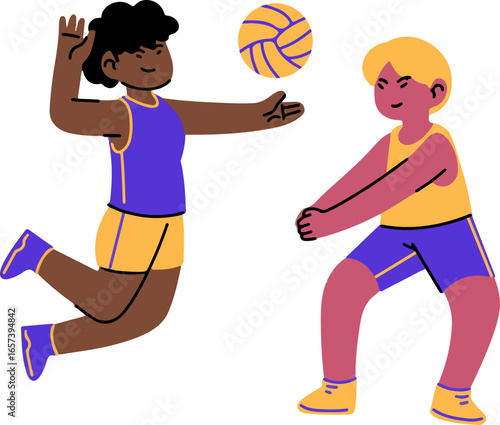 Two children playfully playing volleyball, one spiking, the other receiving.