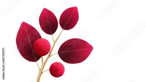 Detailed crimson leaves and berries on a thin golden stem against a white background