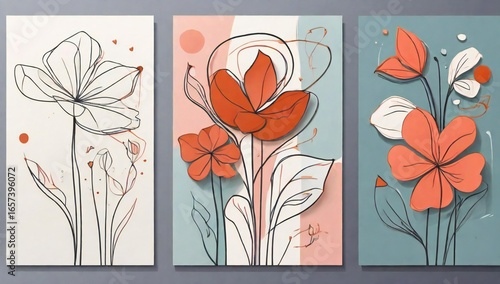 Modern abstract floral triptych wall art with sketchy lines and orange hues