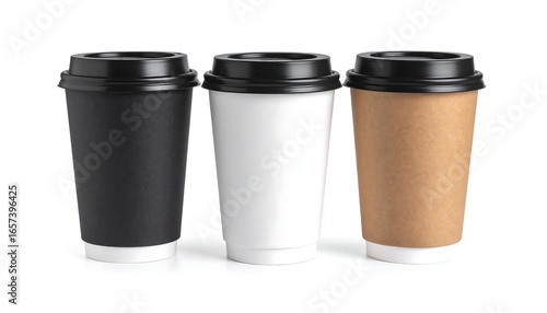 Wallpaper Mural Three disposable coffee cups in black, white, and brown, against a white background Torontodigital.ca
