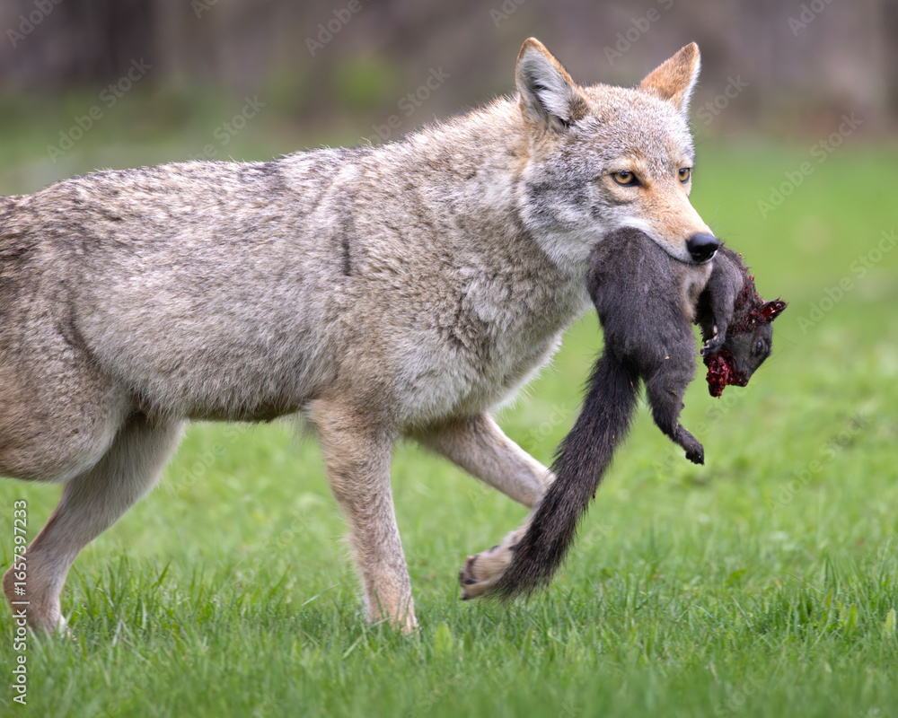 Fototapeta premium North American coyote Canis latrans trotting through the grass of a suburban backyard carrying its prey a black squirrel in southern Ontario Canada
