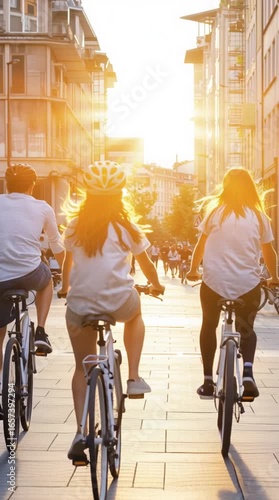 Bicycling Through the City: A group of friends enjoys a leisurely bicycle ride down a sun-drenched city street, silhouetted against the warm glow of the setting sun.