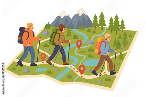 Hikers Walking on Map Vector Illustration Backpackers Following Trail Mountains Forest Lakes Rivers Flat Cartoon Adventure on White Background