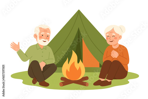 Happy Elderly Couple Camping Vector Illustration Family Enjoying Tent and Campfire Outdoor Adventure Flat Cartoon on White Background