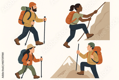 Diverse Hikers Vector Set Multicultural Backpackers Trekking Climbing Hiking Outdoor Scenes Flat Illustration on White Background