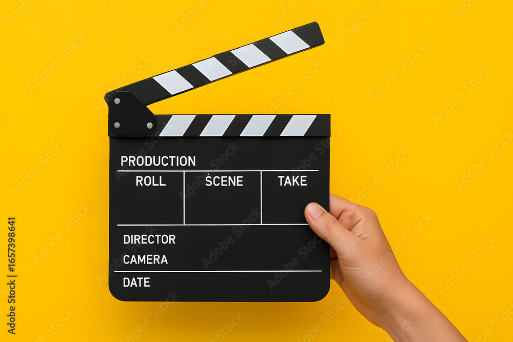 Obraz premium Hand holding film clapperboard on bright yellow background, cinematic movie production slate for video creation, filmmaking industry tool symbolizing director action scene take recording workflow and 