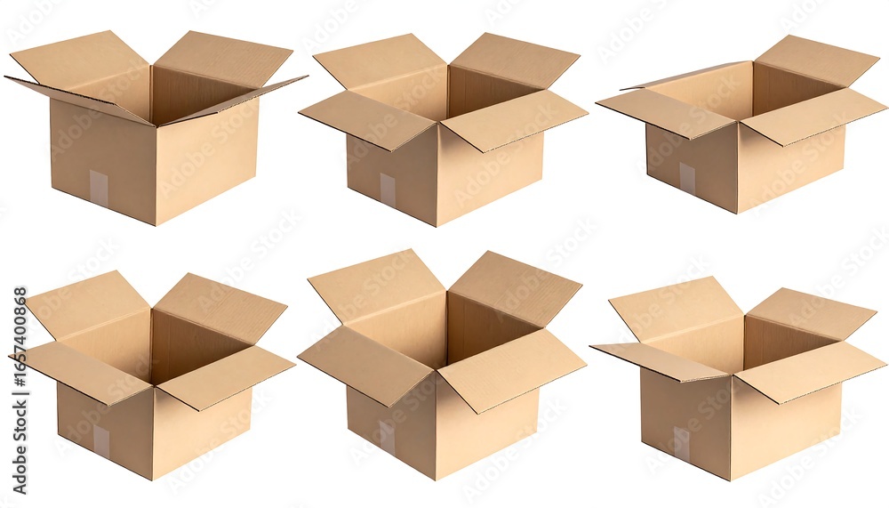 Fototapeta premium Six open cardboard boxes, various angles, white background