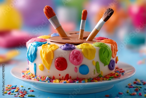 Delicious artist cake with vibrant colors and playful decoration perfect for birthday celebration or creative party invitations and delightful studio event