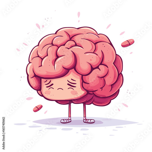 Sad brain cartoon character. Depression, burnout, sad, apathy, mental problems concept. Antidepressants and serotonin. Stock vector illustration isolated on white background