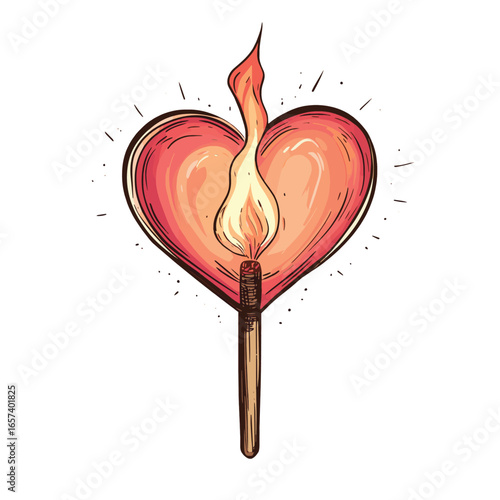 Match with flame in heart shape isolated on white background. Vector illustration for valentine's day card. Doodle cartoon valentine's day element