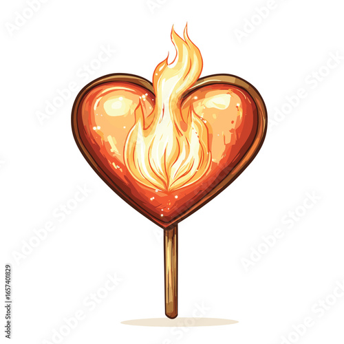 Match with flame in heart shape isolated on white background. Vector illustration for valentine's day card. Doodle cartoon valentine's day element