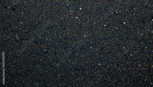 Dark gray asphalt surface with small stones and pebbles texture