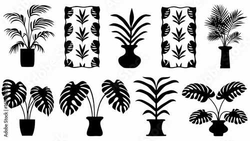Illustration of various potted plants and decorative panels in black silhouette style design art