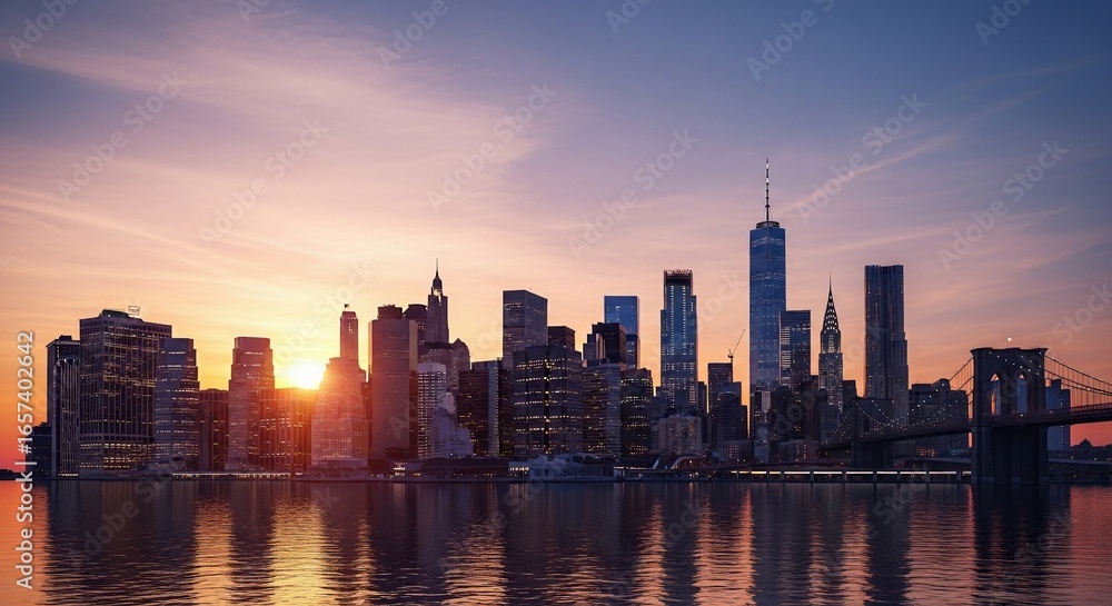 Fototapeta premium Iconic New York City skyline at sunrise, with Brooklyn Bridge and Manhattan skyscrapers reflected in the water.