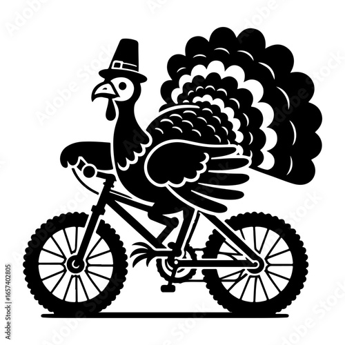 Quirky illustration of a turkey wearing a hat, riding a bicycle