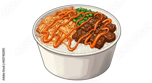 Delicious Bibimbap Bowl Illustration with Kimchi, Beef, and Gochujang Sauce on White Background