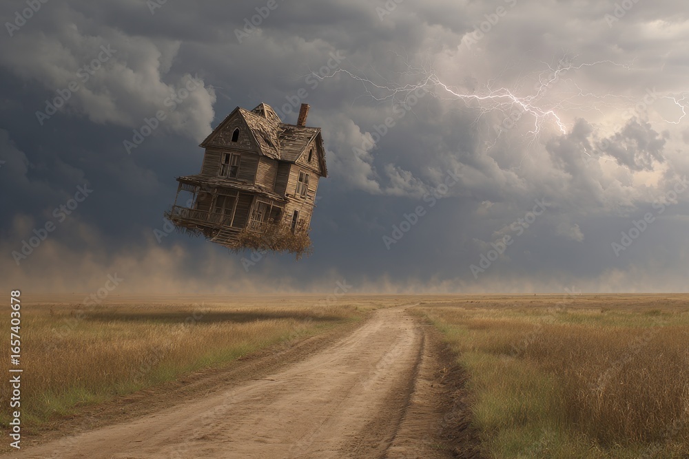 Fototapeta premium Haunted Field. Ghost House Flying in Stormy Sky with Lightning above Country Road