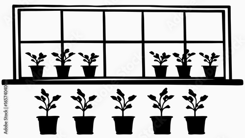 Silhouette of potted plants displayed on a window sill and in front of the window with natural light