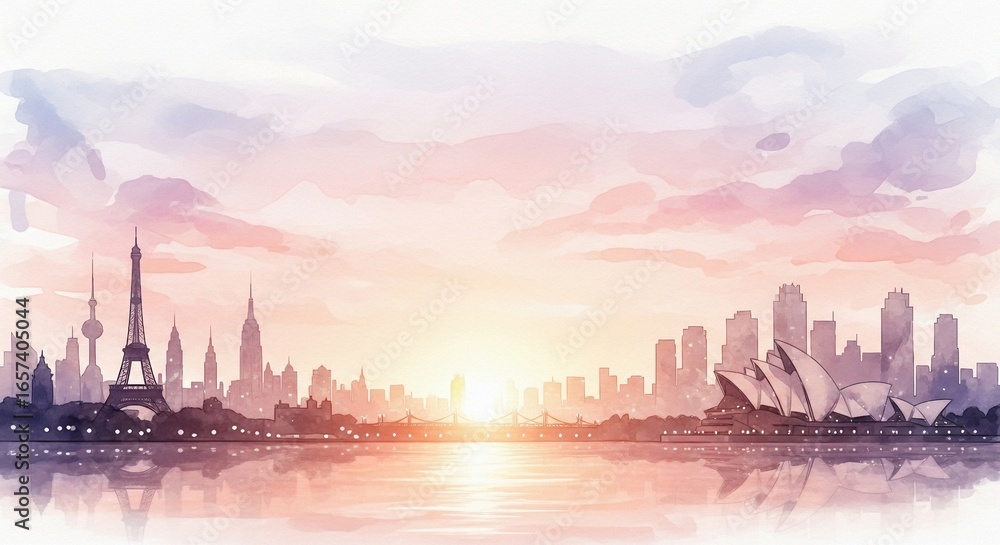 Naklejka premium Watercolor cityscape illustration of iconic global landmarks at sunset, reflecting in calm water.