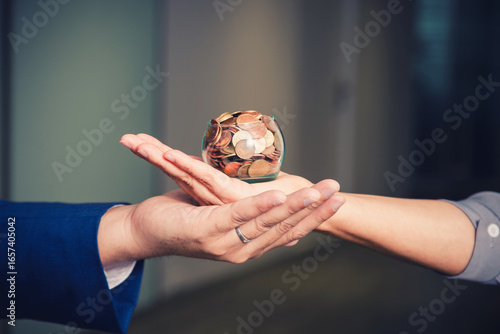 coins in hands. saving money concept