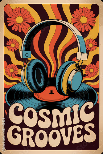 Psychedelic 70s Music Poster with Vintage Headphones and Vinyl Record