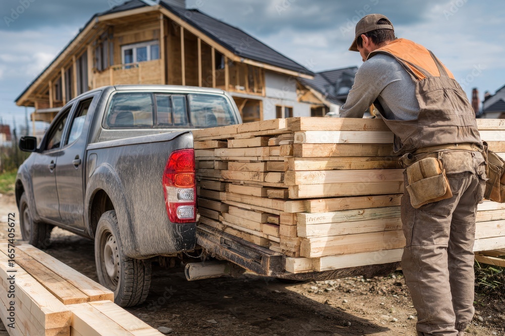 Fototapeta premium Men at Work: Constructor Preparing Pickup Truck Cargo Bed at Construction Site
