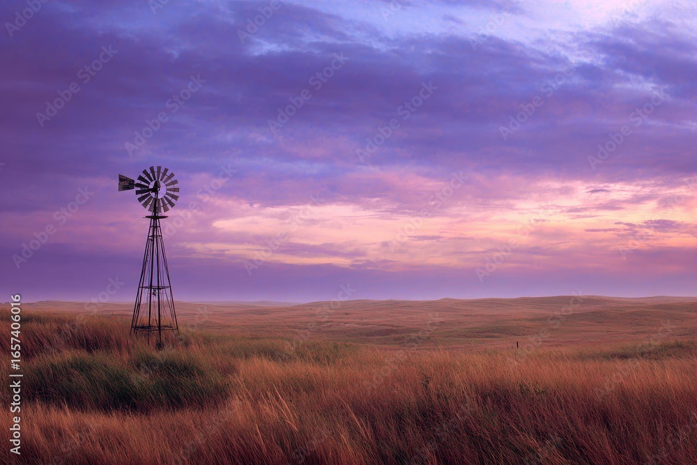 Obraz premium Nebraska Landscape. Sunset View of Sandhills Windmill under Blue Sky