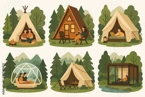 Glamping Vector Illustration Set Cozy Outdoor Accommodations Teepee Cabin Canvas Dome Glass Tent Relaxing Nature Flat Cartoon on White Background
