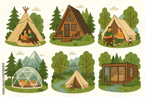 Glamping Vector Illustration Set Cozy Outdoor Accommodations Teepee Cabin Canvas Dome Glass Tent Relaxing Nature Flat Cartoon on White Background