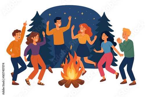 Campfire Dance Vector Illustration Happy People Party Festival Camping Fire Forest Flat Cartoon on White Background