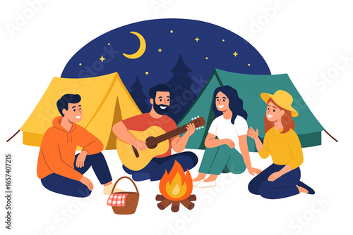 Happy Friends Camping Vector Illustration Sitting Around Bonfire Guitar Picnic Tents Outdoor Summer Holiday Flat Cartoon on White Background