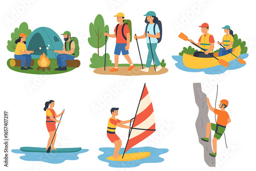Summertime Outdoor Activities Vector Pack Camping Hiking Canoeing SUP Surfing Windsurfing Sailing Climbing Flat Illustrations on White Background