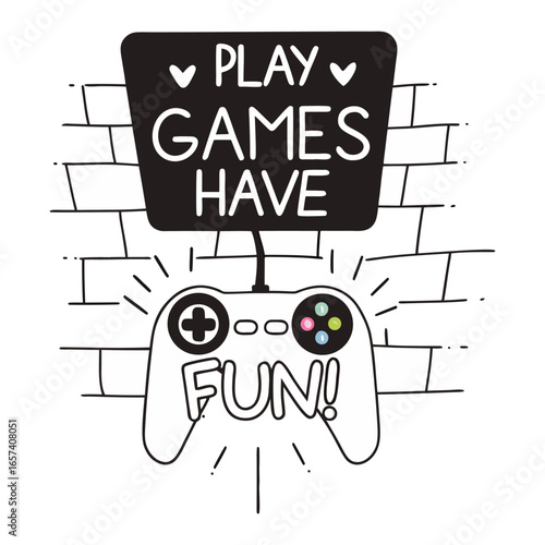 Play Games have fun neon sign with game pad, bright signboard, light banner. Game logo neon, emblem playing computer game on laptop at night Game controller in neon Playing Multiplayer Games.