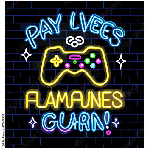 Play Games have fun neon sign with game pad, bright signboard, light banner. Game logo neon, emblem playing computer game on laptop at night Game controller in neon Playing Multiplayer Games.