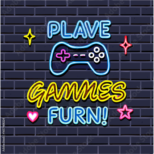 Play Games have fun neon sign with game pad, bright signboard, light banner. Game logo neon, emblem playing computer game on laptop at night Game controller in neon Playing Multiplayer Games.
