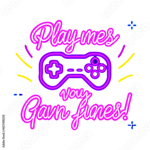 Play Games have fun neon sign with game pad, bright signboard, light banner. Game logo neon, emblem playing computer game on laptop at night Game controller in neon Playing Multiplayer Games.
