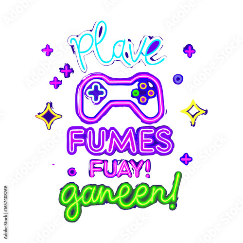 Play Games have fun neon sign with game pad, bright signboard, light banner. Game logo neon, emblem playing computer game on laptop at night Game controller in neon Playing Multiplayer Games.