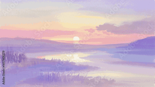 Serene Wash Valley Pastel valley landscape painting isolated watercolor vector illustration svg