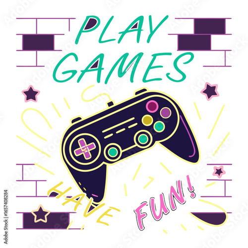 Play Games have fun neon sign with game pad, bright signboard, light banner. Game logo neon, emblem playing computer game on laptop at night Game controller in neon Playing Multiplayer Games.