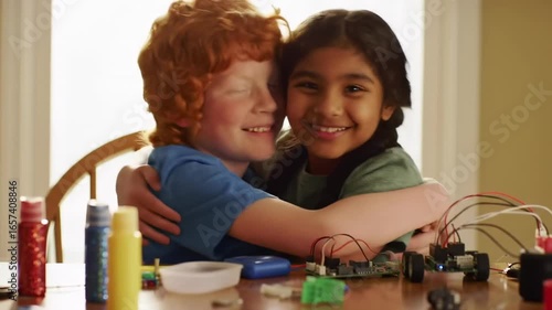 Smiling children embracing at a crafting table