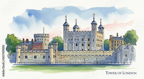 Digital painting of a view of the modern structure and landmark of the Tower of London. In watercolor style and text for display, wallpaper and more.