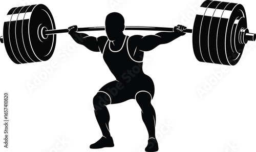 Silhouette of a weightlifter performing a squat with a barbell, representing strength, fitness, and pursuit of athletic achievement