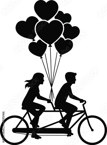 Silhouette of a couple riding a tandem bicycle with heartshaped balloons, symbolizing love, romance, and togetherness