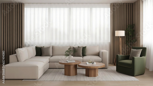Modern living room with comfortable sectional sofa accent chair and stylish coffee tables bathed in natural light